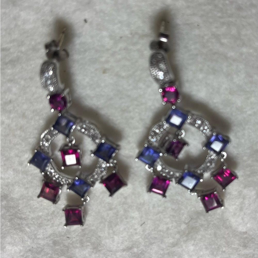 Elegant Sterling Silver and Purple, Blue, Pink Gem Stone Dangle Earrings